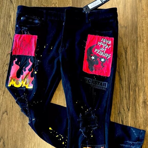 Rockstar Original Jeans Mens Black 38x32 Ultra Slim Grunge Metal, Patchwork - Picture 3 of 12